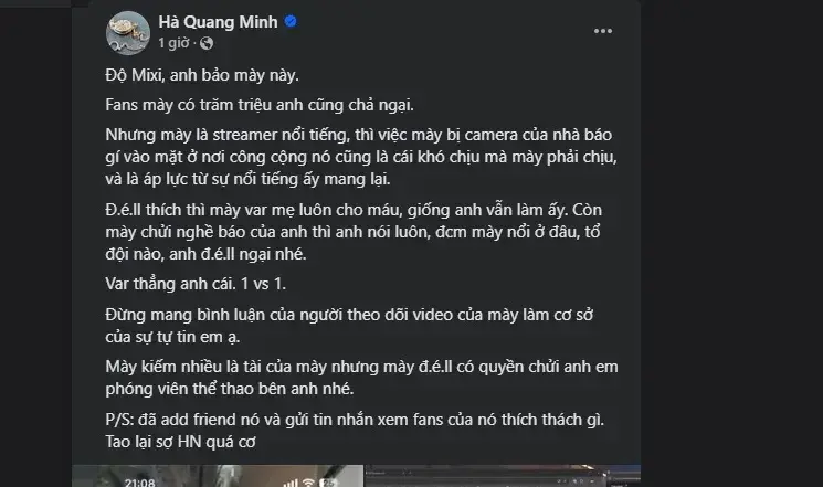 Nhà báo Hà Quang Minh phốt Độ Mixi văn hóa ứng xử trên mạng xã hội